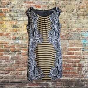 ILE 14 sleeveless, black, tan, white fall dress. 96% polyester 4% spandex. Fall
